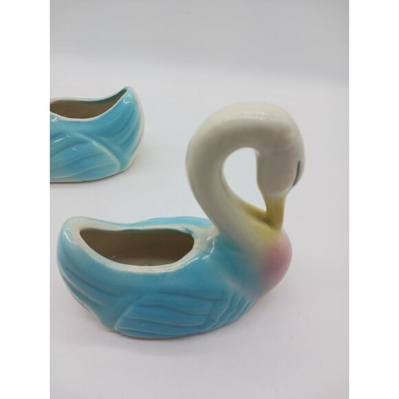 Lovely MCM Pair Set 2 Swan Planters Yellow Blue Pink Ceramic Mid Century Vintage - Picture 5 of 13